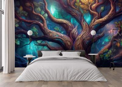 Brown and turquoise background with a beautiful intricate tree leaves and  branches in a magical fairytale elvish forest.  Wall mural